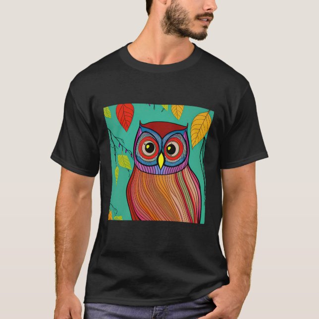 Camiseta Quirky Colorful Folk Art Abstrato Owl (Frente)