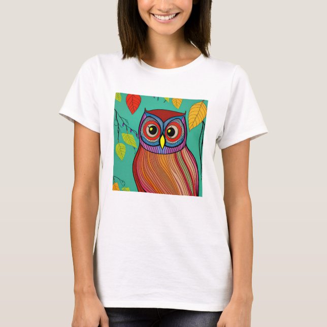 Camiseta Quirky Colorful Folk Art Abstrato Owl (Frente)