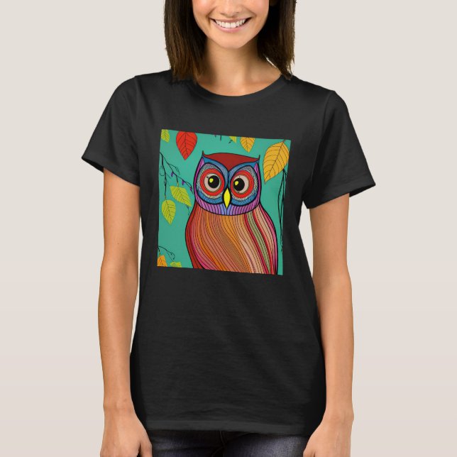 Camiseta Quirky Colorful Folk Art Abstrato Owl (Frente)