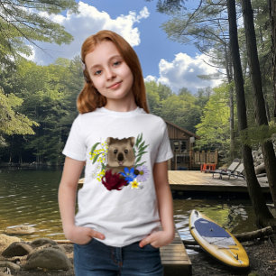 Camiseta Quokka Feliz Austrália Floral Azul