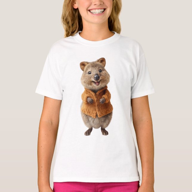 Camiseta Quokka Infantil de Cárdigan Laranja (Frente)