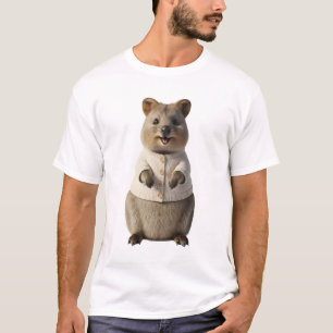 Camiseta Quokka Sorridente Adorável em Cardigã Creme