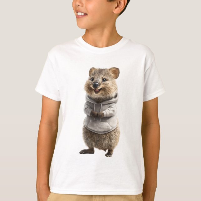 Camiseta Quokka Sorridente com Moletom Cinza Infantil (Frente)
