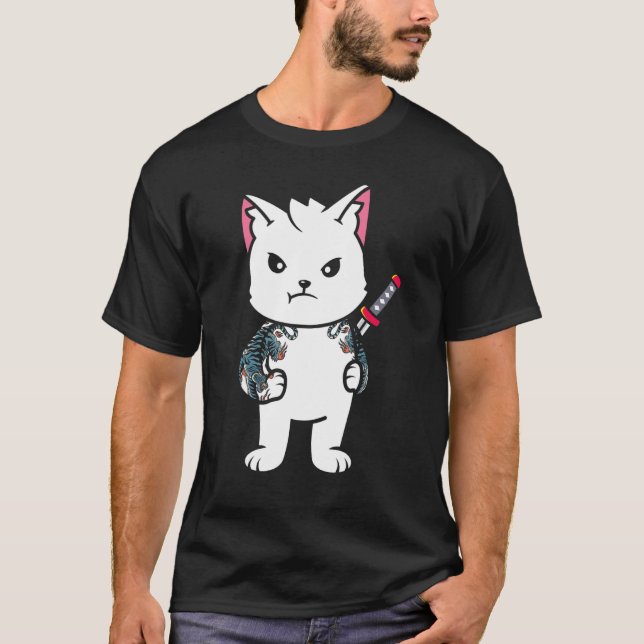Camiseta Quote Samurai Cat Katana Ninja Yakuza Tattoo (Frente)