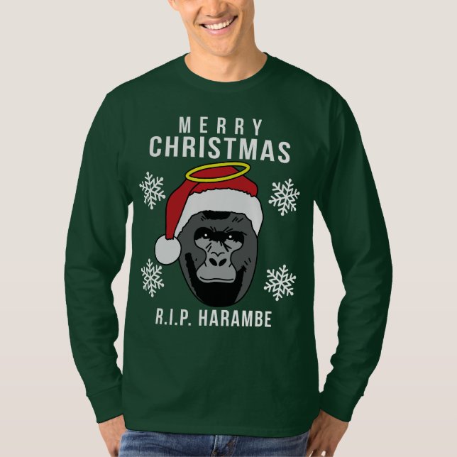 Camiseta R.I.P. Camisola feia do Natal de Harambe (Frente)