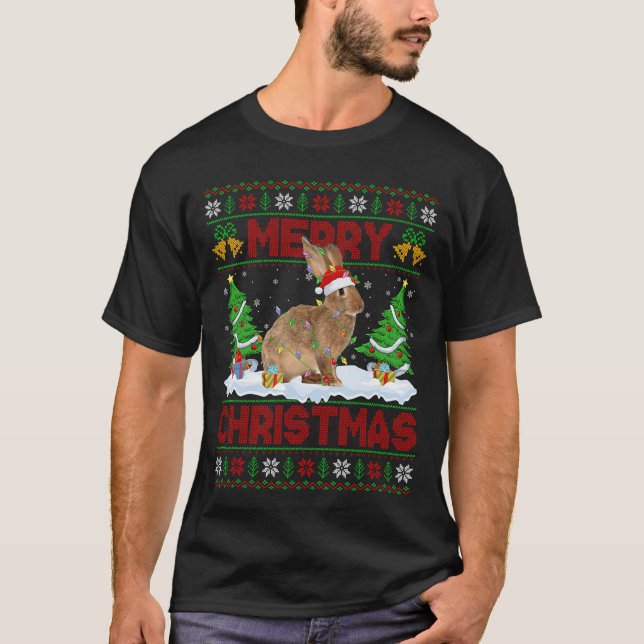 Camiseta Rabbit Bunny Ugly Xmas Sweater Funny Animal Lights (Frente)