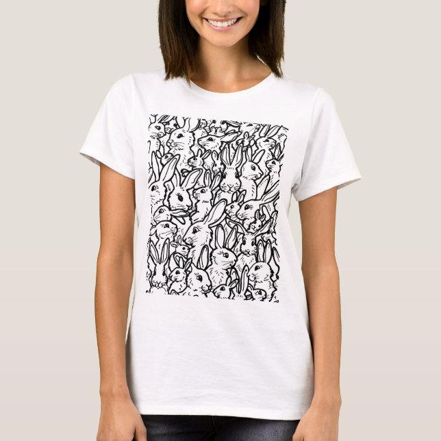 Camiseta Rabbit Desenha Design de Bunny de Arte Negra e Bra (Frente)