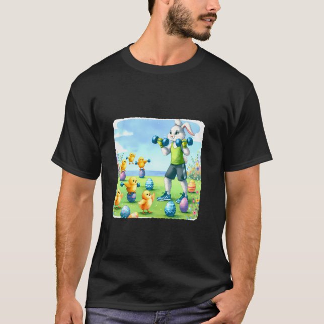 Camiseta Rabbit Instrui Pintinhos Usando Ovos Malhação Exte (Frente)