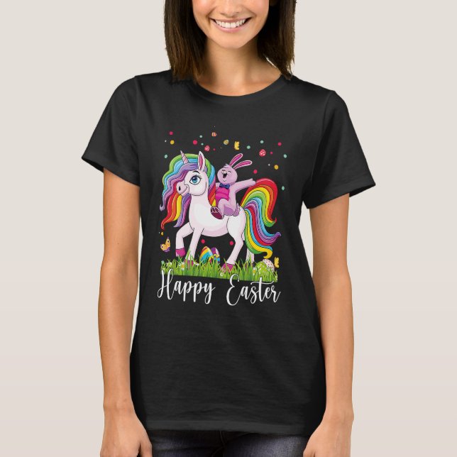Camiseta Rabbit Riding Unicorn Happy Easter Day Eggs Girls  (Frente)
