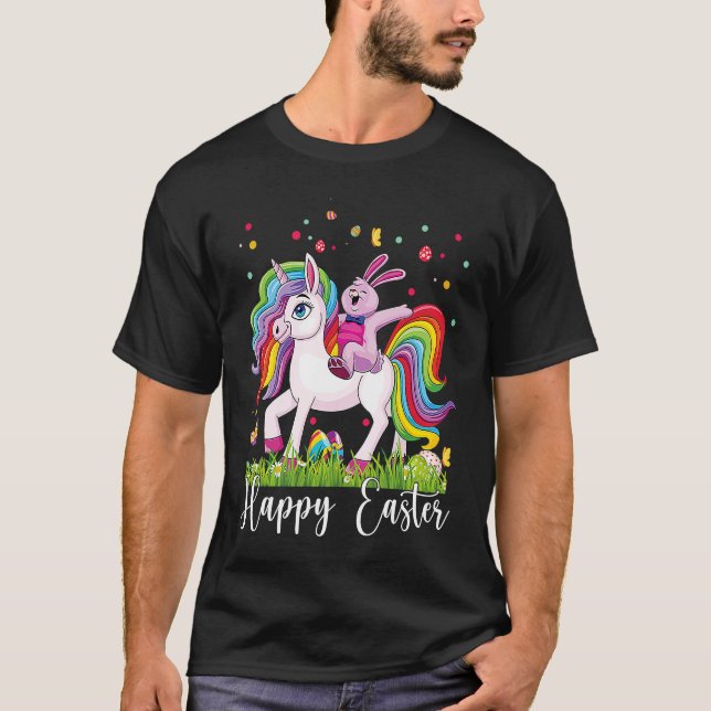 Camiseta Rabbit Riding Unicorn Happy Easter Day Eggs Girls  (Frente)