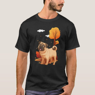 Camiseta Raça cão pug folhas outubro outono parque