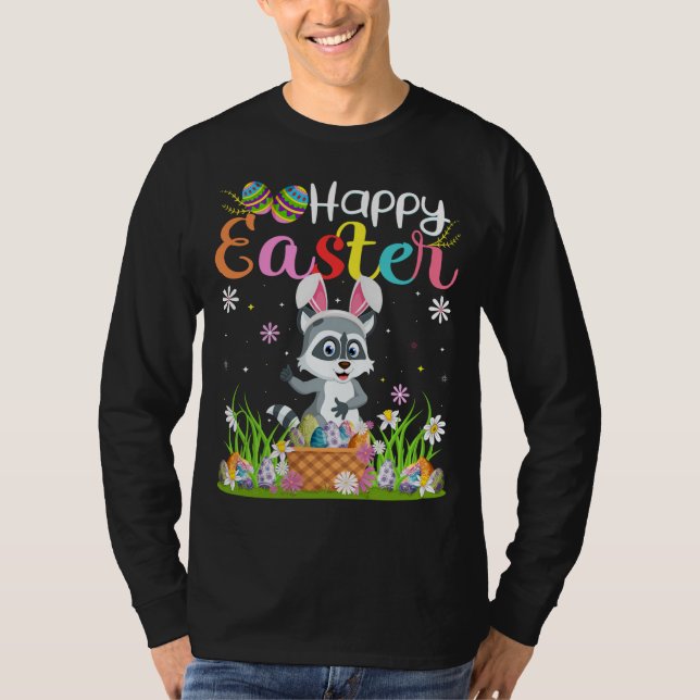 Camiseta Raccoon Bunny Egg Caçando Funny Raccoon Happy East (Frente)
