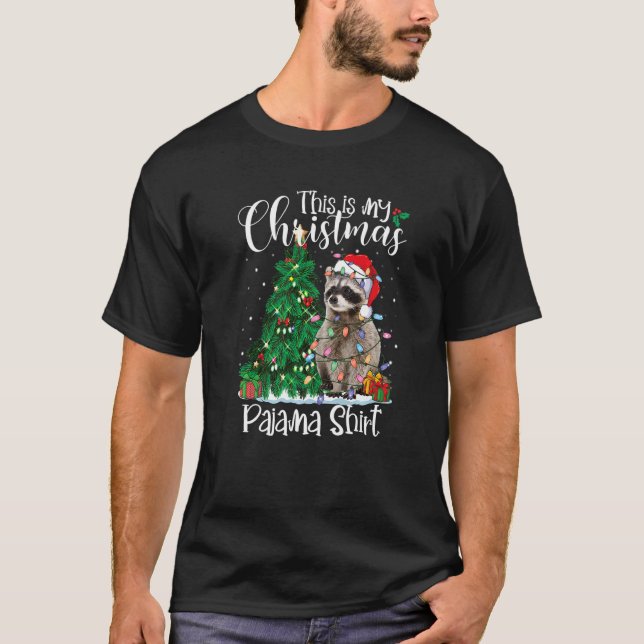 Camiseta Raccoon Christmas Lights Papais noeis Xmas Pajama  (Frente)