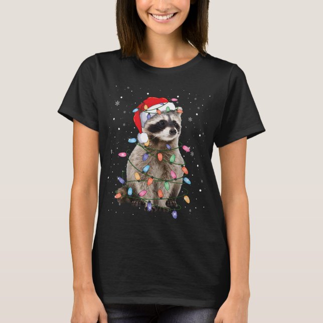 Camiseta Raccoon Christmas Tree Lights Pajama Papais noeis  (Frente)