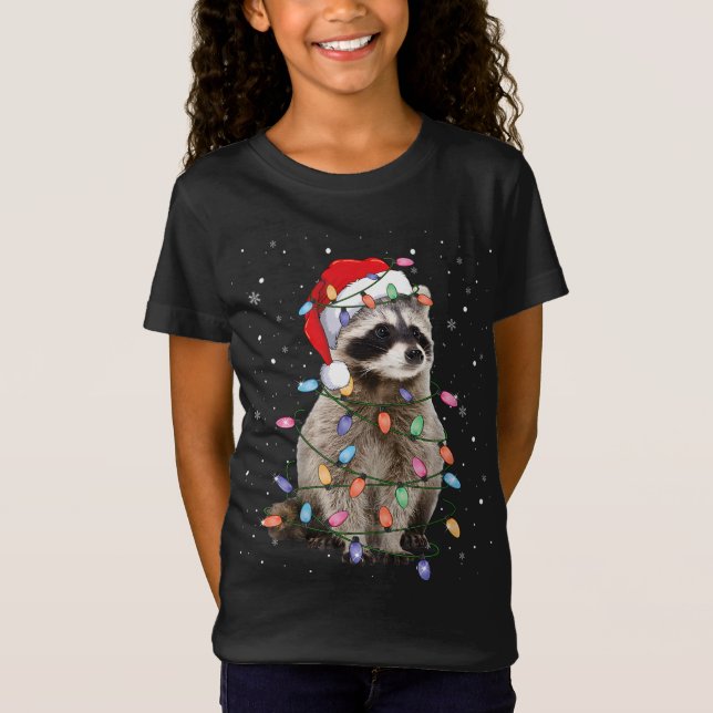 Camiseta Raccoon Christmas Tree Lights Pajama Papais noeis  (Frente)