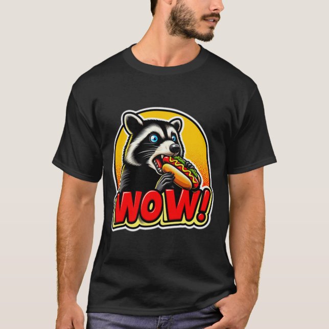 CAMISETA RACCOON COMENDO CÃO QUENTE 3 (Frente)