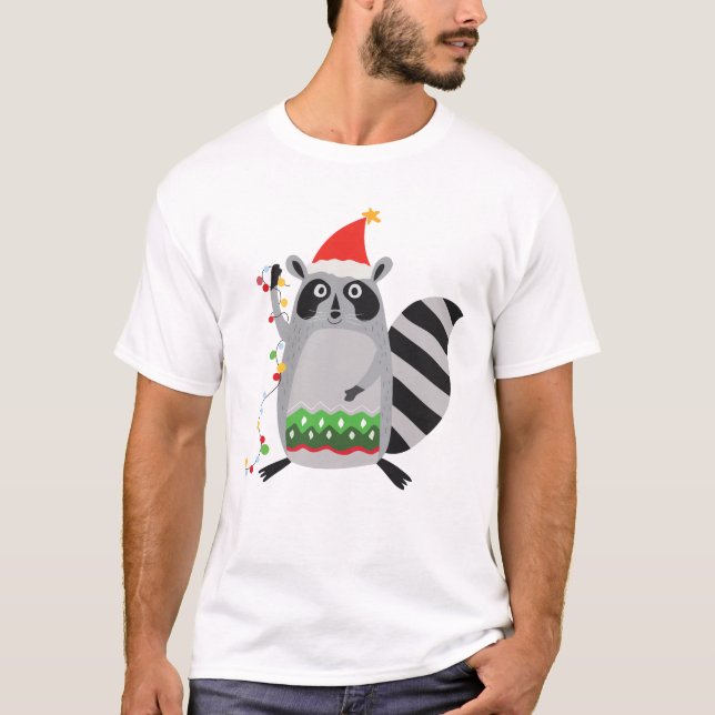 Camiseta Raccoon Em Santa Hat Entrou Em Luzes De Xmas (Frente)