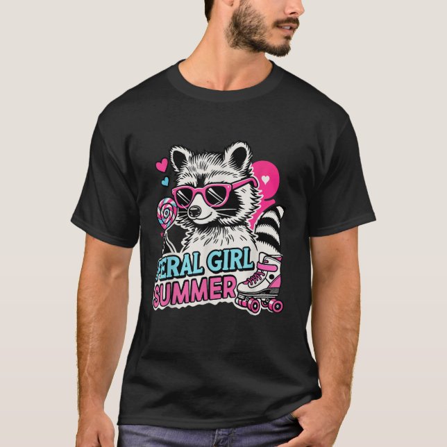Camiseta Raccoon Feral Girl Summer Cute Retro Racoon Sungla (Frente)
