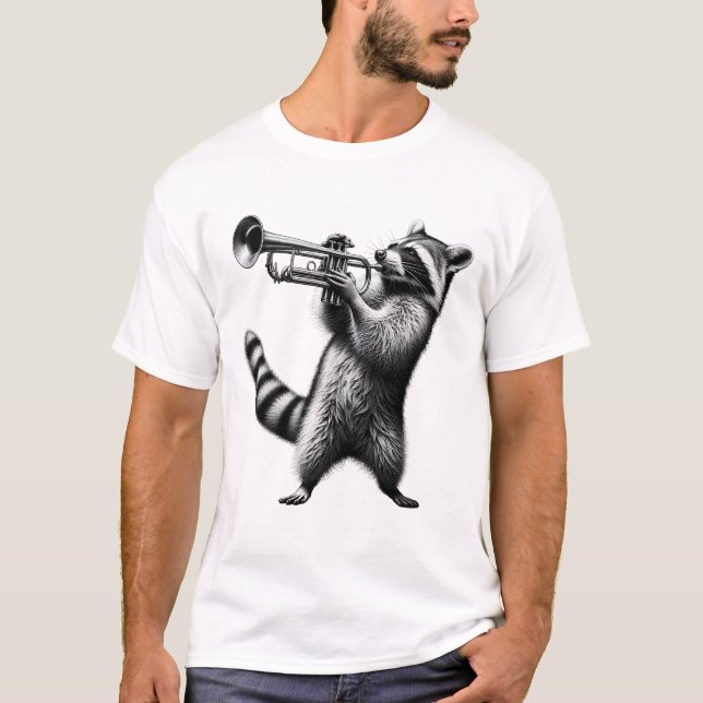 Camiseta Raccoon Jogando Trompetista de Trompete (Frente)