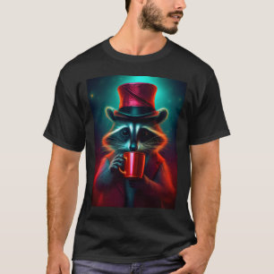 Camiseta Raccoon Vestido Em Um Café De Bebendo Vermelho