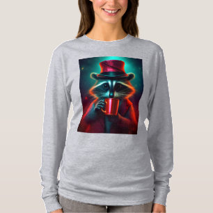 Camiseta Raccoon Vestido Em Um Café De Bebendo Vermelho