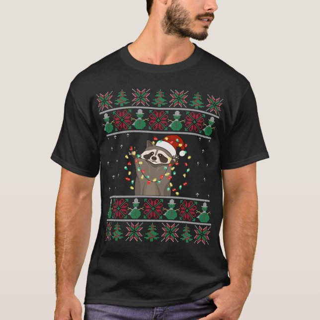 Camiseta Raccoon Xmas Lights Raccoon Ugly Christmas Sweater (Frente)