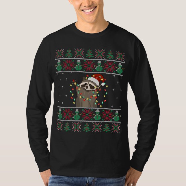 Camiseta Raccoon Xmas Lights Raccoon Ugly Christmas Sweater (Frente)