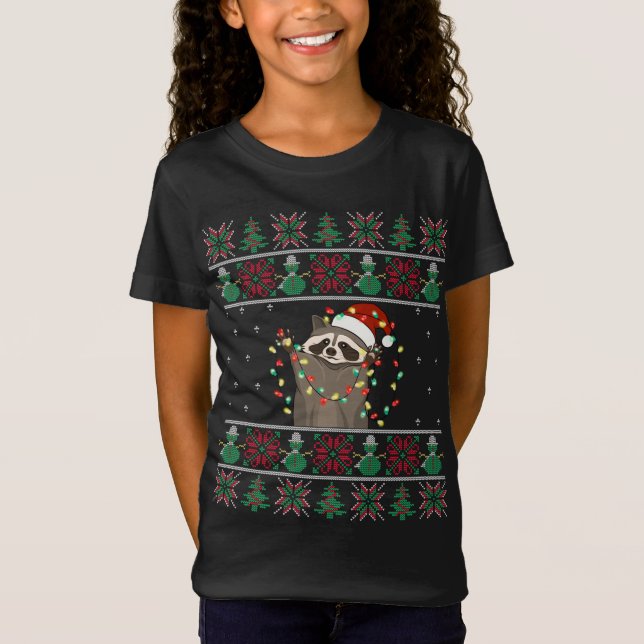 Camiseta Raccoon Xmas Lights Raccoon Ugly Christmas Sweater (Frente)