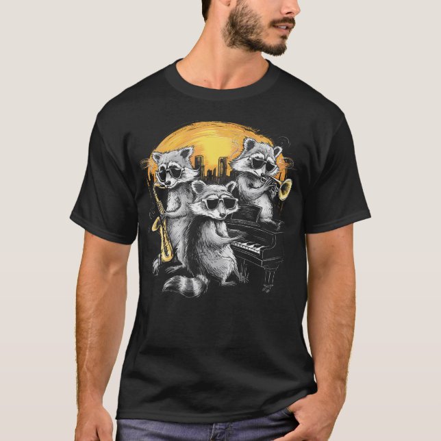 Camiseta Racoon Music Band Jazz Lover Saxophone Trumpet Pia (Frente)
