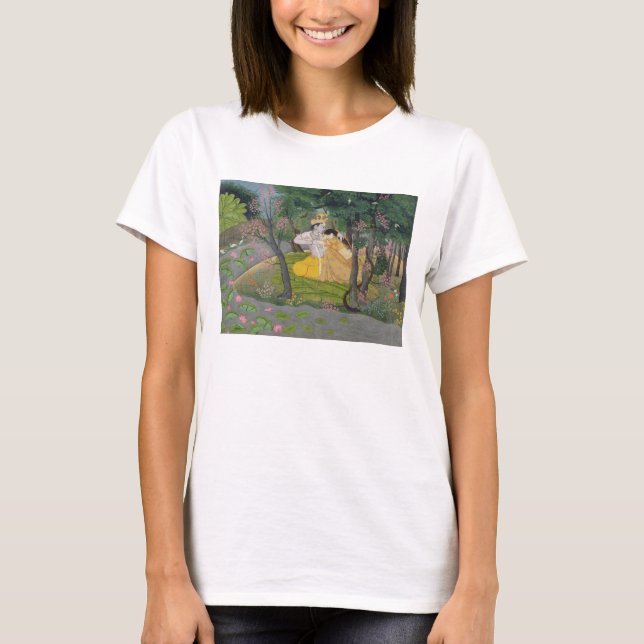 Camiseta Radha e Krishna abraçam-se numa plantação florida (Frente)