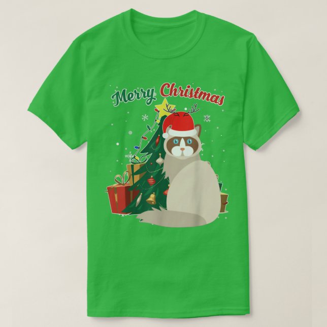 Camiseta Ragdoll Cat Árvore de Natal Neve Flakes Xmas Prese (Frente do Design)