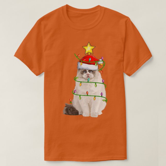 Camiseta Ragdoll Cat Lighting Árvore Xmas Correspondente a  (Frente do Design)
