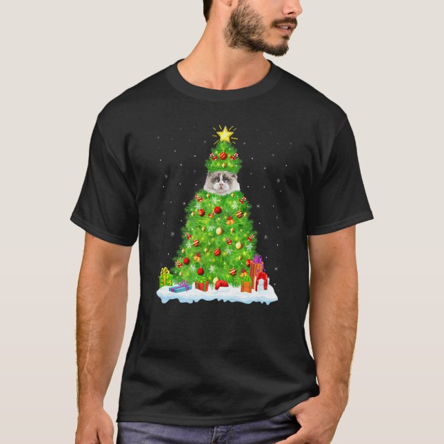 Camiseta Ragdoll Cat Xmas Lighting Tree Engraçado Ragdoll C (Frente)