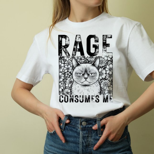 Camiseta Rage Consumes Me Cat Meme Line Art Unisex  (Criador carregado)