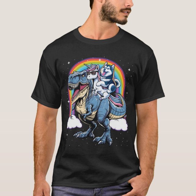 Camiseta Rainbow Alaskan Malamute Unicorn Dinossaur (Frente)