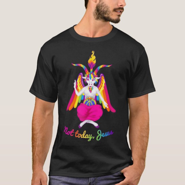 Camiseta Rainbow Baphomet Not Today Jesus Kawaii Hail Satan (Frente)