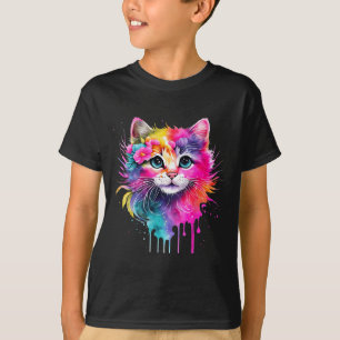 Camiseta Rainbow Cat A Watercolor Paint Flores Coloridos Cu