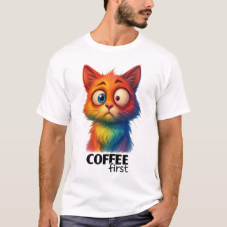 Camiseta Rainbow Cat Coffee First Funny Art