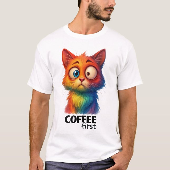 Camiseta Rainbow Cat Coffee First Funny Art (Frente)