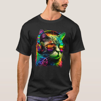 Camiseta Rainbow Dj Cat Com Fones de ouvido E Óculos De Sol