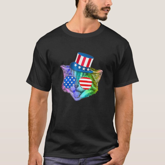 Camiseta Rainbow Feline Cat 4 De Julho Bandeira Americana (Frente)