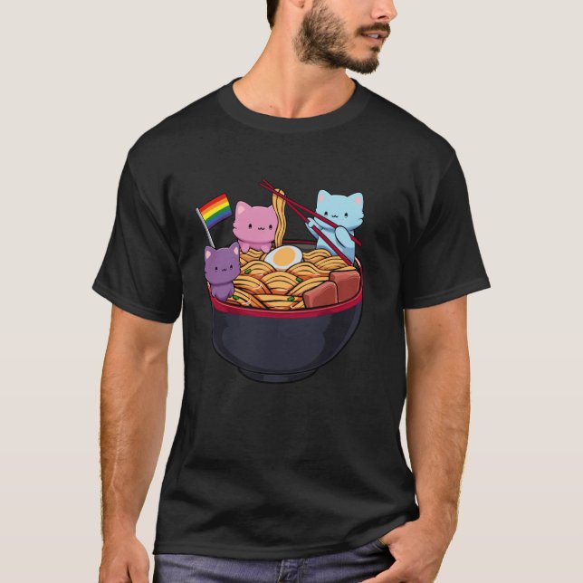 Camiseta Rainbow Flag Cats Ramen Anime Gay Pride Month LGBT (Frente)