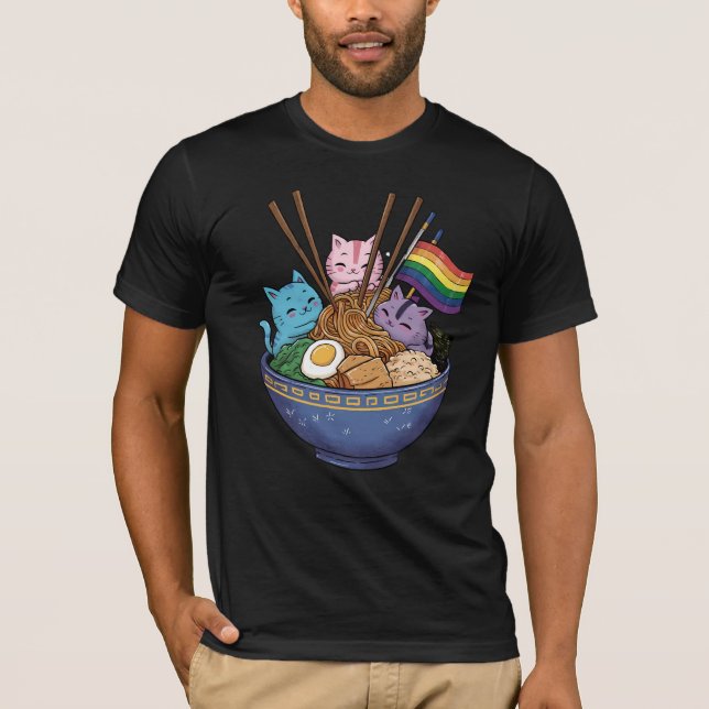 Camiseta Rainbow Flag Gats Ramen Anime Orgulho gay Mês LGBT (Frente)