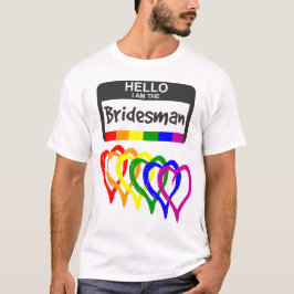 Camiseta Rainbow Flag Hearts Bridesman Name Crachá Wedding