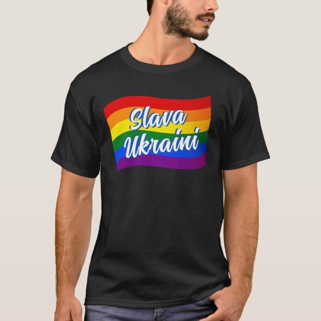 Camiseta Rainbow Flag Slava Ucri Orgulho gay LGBTQ (Frente)