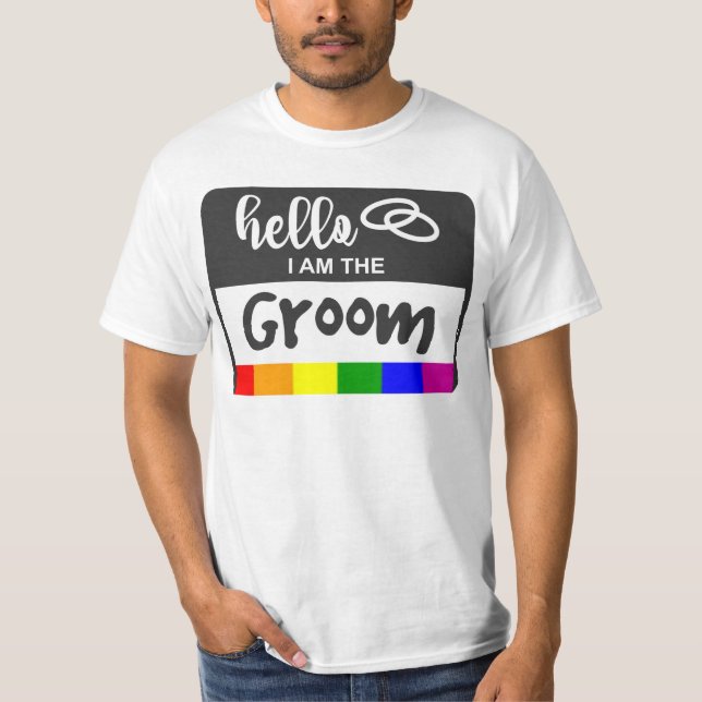 Camiseta Rainbow Flag Wedding Hello Name Crachá for Groom (Frente)