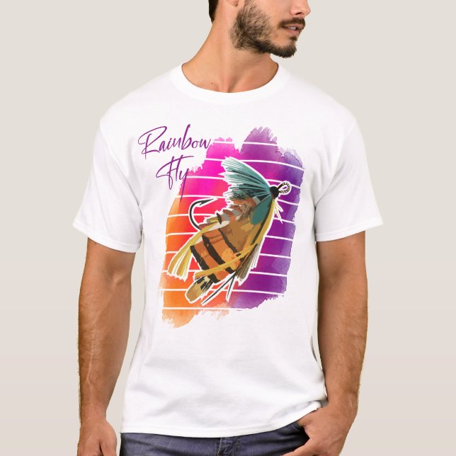 Camiseta Rainbow Fly Fishing Lure Retro Sunset (Frente)