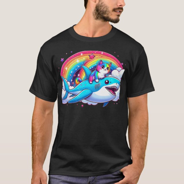 Camiseta Rainbow Galaxy Cat Riding Shark in Space funny Cat (Frente)