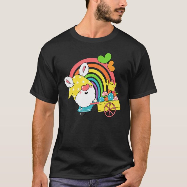 Camiseta Rainbow Gnome Easter Bunny Ears Ovos Caça Roda (Frente)