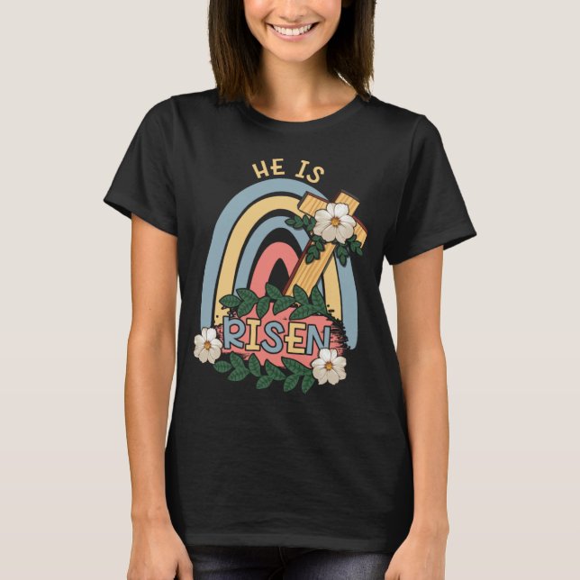 Camiseta Rainbow He Risen Religous Easter Sunday Christ Cro (Frente)